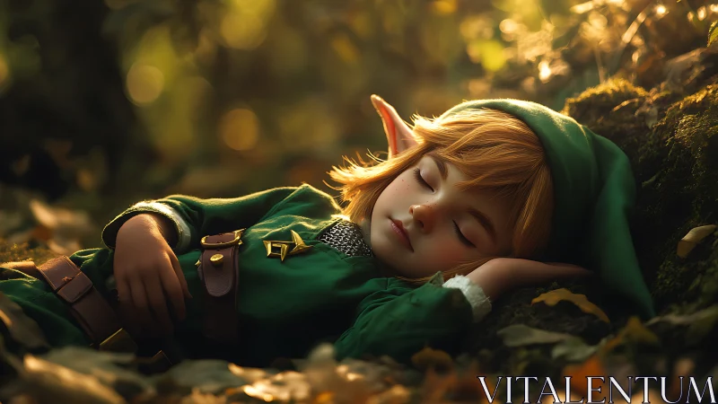 Elf child rests in golden forest light after gentle adventure