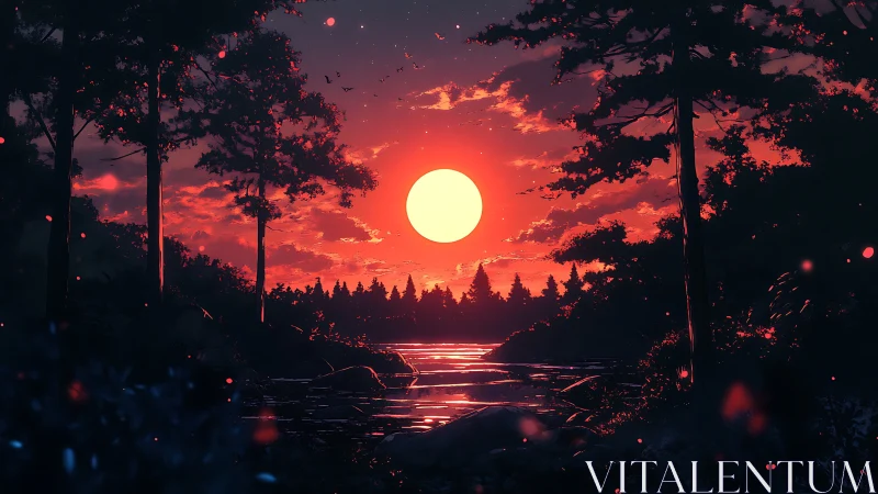 Crimson digital sunset over forest river with glowing sky.