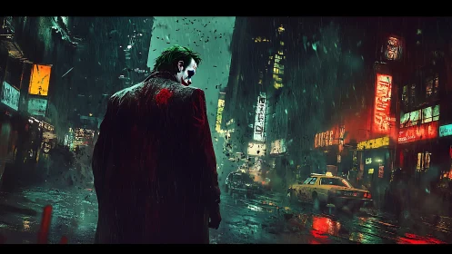 Solitary figure in rain-soaked neon-lit urban street at night.