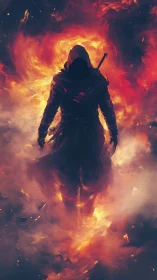 Hooded fire warrior emerging through swirling inferno portal.