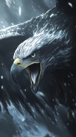 Fierce eagle screams into a storm of ice and wind