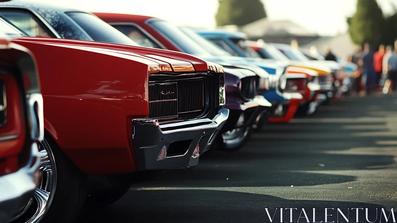 Sunlit row of vintage muscle cars polished for show day.