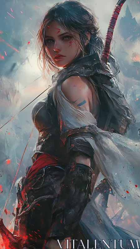 Armored female warrior stands with sword amid swirling embers