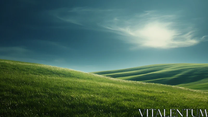 Gently sloping grass-covered hills recede under diffuse daylight