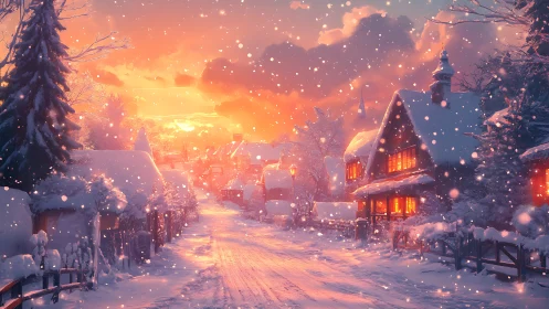 Snowy village street glows under warm winter sunset sky