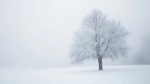 Solitary frost covered tree in white winter fog.