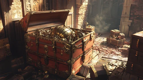 Open wooden treasure chest overfilled with golden artifacts