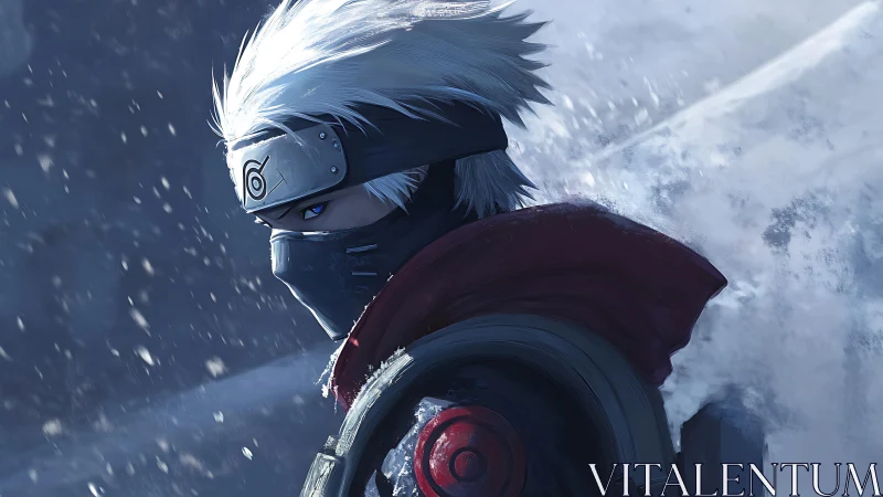 Masked anime warrior in snowy wind with focused gaze.
