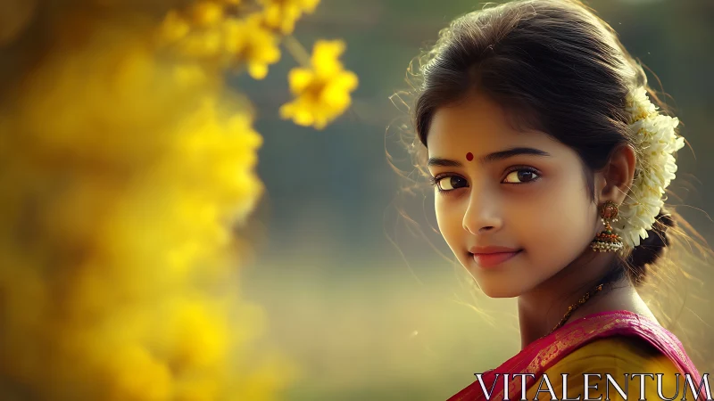 Traditional Indian Girl in Festive Attire with Floral Background.