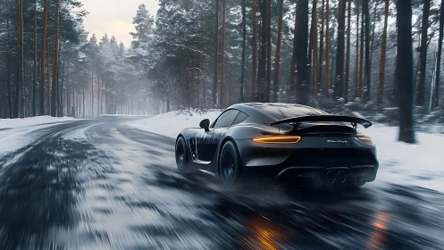 Sleek black sports car powers through snowy forest bend