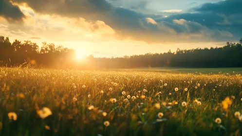 Golden meadow glows under low summer sunset light