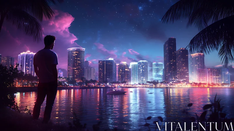 Silhouetted figure viewing illuminated waterfront skyline at dusk.