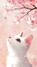 A White Cat's Wonder Under Cherry Blossoms.