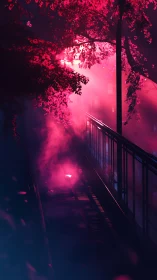 Neon fog drifting through crimson-lit city walkway.