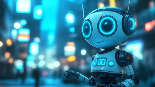 Cute neon robot explores glowing cyberpunk city nightscape.