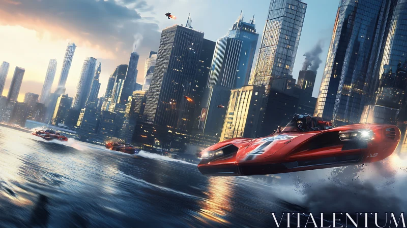 Red hover racers slice sunrise spray beside glass towers