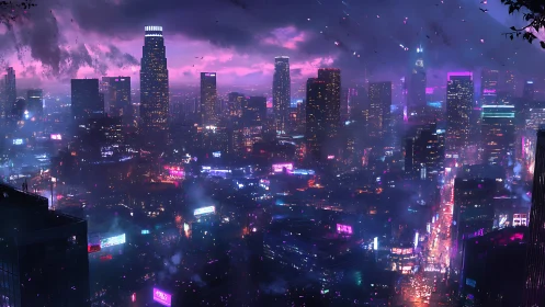 Neon soaked cyberpunk skyline glows under a stormy dusk