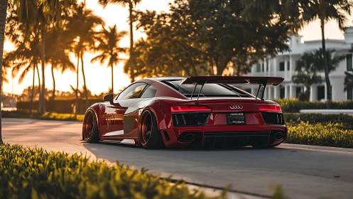 Red Audi sports coupe on residential palm-lined street.