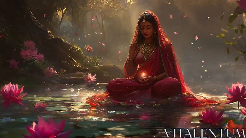 Digital painting of meditative goddess amid lotus pool chiaroscuro.