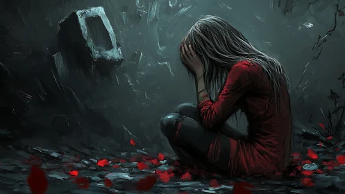 Solitary figure in red amid debris and scattered petals at dusk.