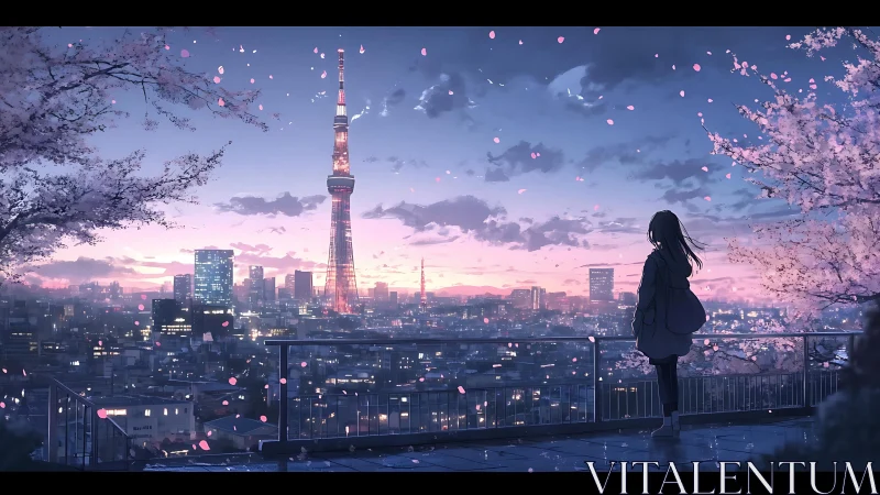 Anime twilight cityscape with cherry blossoms and skyline vista.