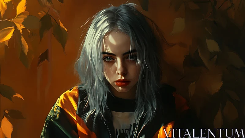 Silver haired girl amid golden foliage, moody lighting