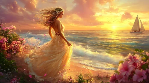 Woman in flowing dress on flowered shore at sunset seascape.