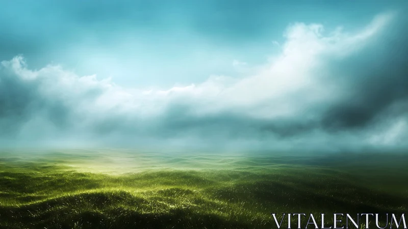 Misty green field under dramatic rolling clouds at dawn.
