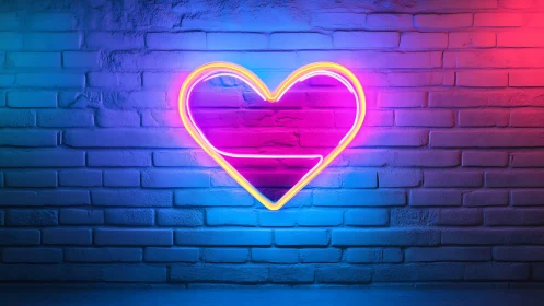 Neon heart outline glowing on blue and pink brick wall.