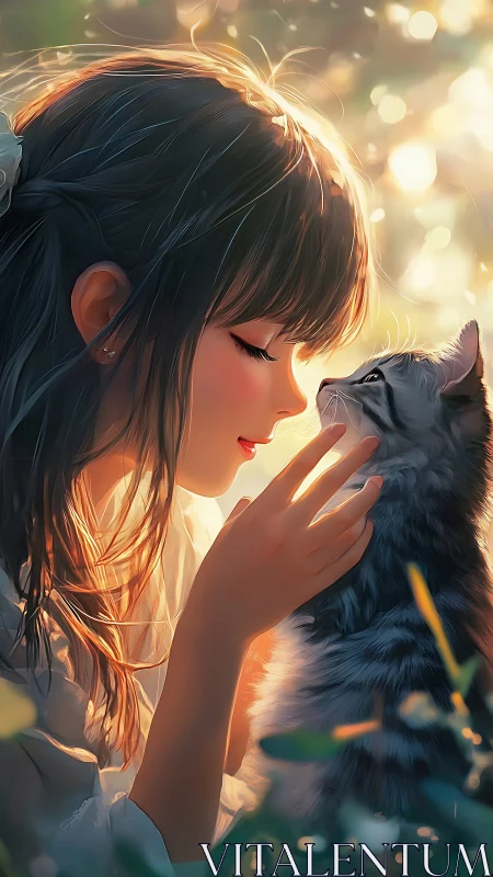 Girl and kitten share a sunlit, tender moment of quiet love.