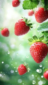 Ripe red strawberries hanging with water droplets in air.
