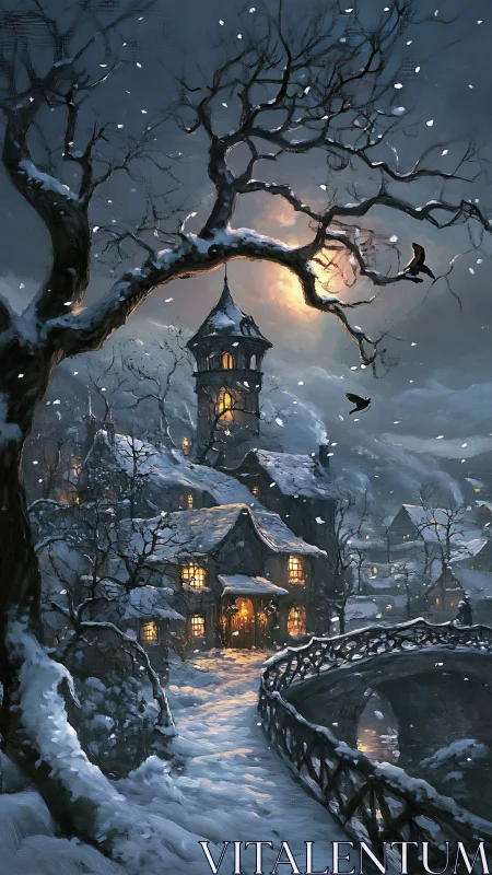 Cozy winter village glowing under a dreamy moonlit snowfall.