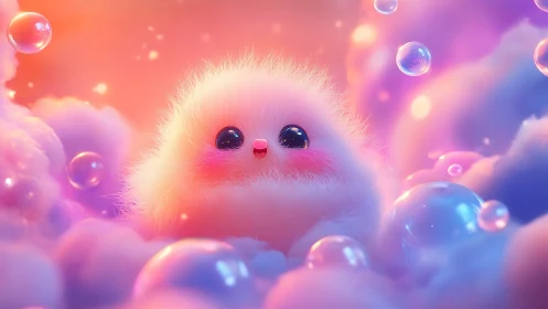 Fluffy pastel creature amid glowing bubbles and clouds.