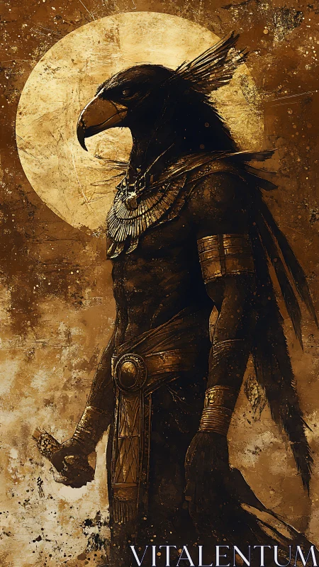 Solar-lit avian demigod in stratified ochre armor profile.