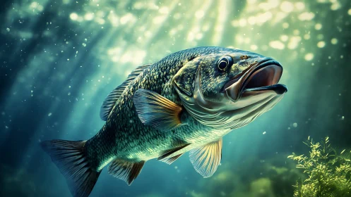 Underwater close-up of single largemouth bass in motion.