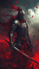 Armored knight stands amid red particulate atmosphere