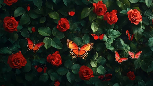 Red roses and orange butterflies in dense green foliage.