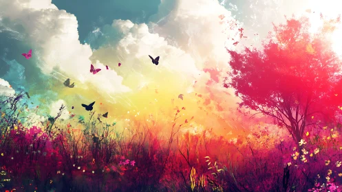 Chromatic meadowscape with silhouetted butterflies and radiance.