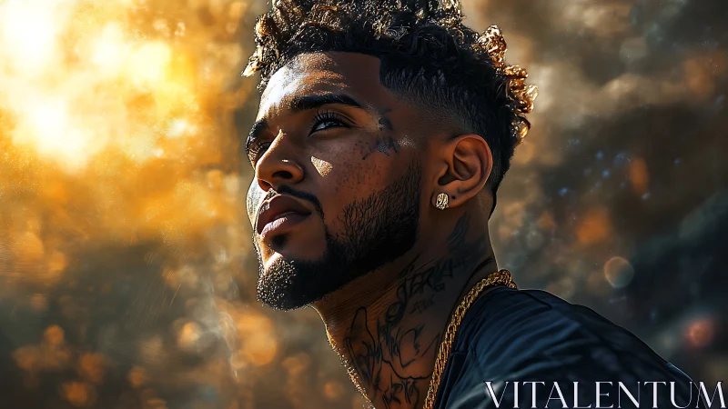 Side profile portrait of tattooed man in glowing bokeh light