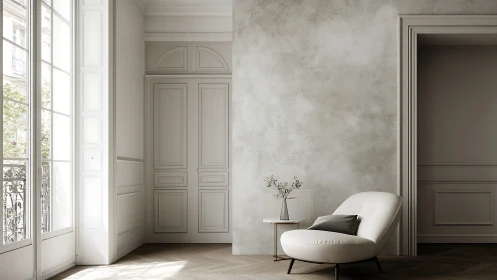 Minimalist Parisian lounge with soft daylight and neutral palette