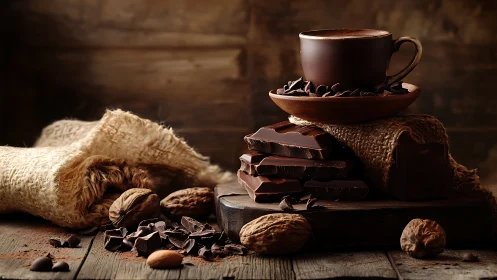 Photorealistic rustic still life of hot chocolate service.
