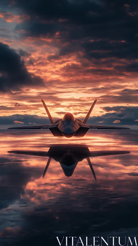 Stealth jet silhouette mirrored in cinematic sunset haze.