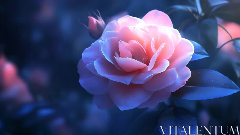 Luminescent Rose with Gradient Pink-Blue Glow in Soft Focus Botanical Setting.
