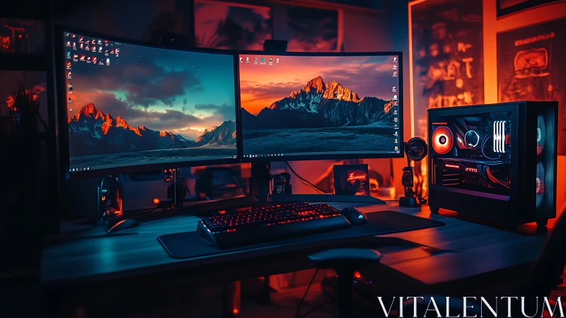 Cozy dual‑monitor gaming desk glowing with neon warmth.
