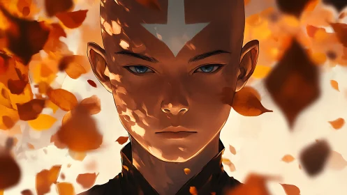 Serene bald figure amid swirling autumn leaves, warm light.