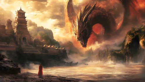 Epic dragon confrontation over mistbound river citadel scene.