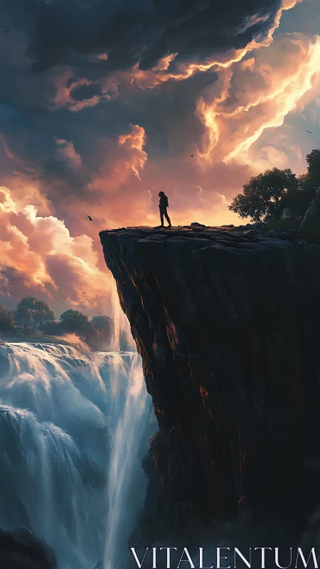Solitary dreamer on a stormlit cliff above wild falls.