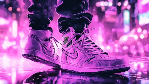 High-top sneakers in neon city environment at night.