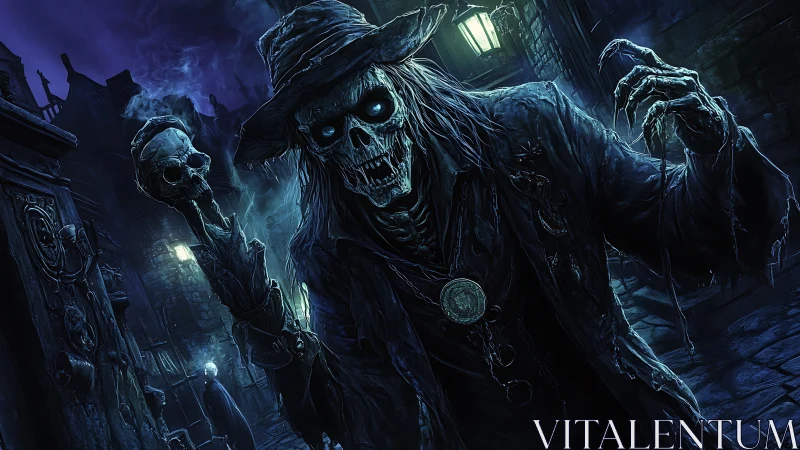 Skeletal figure in tattered coat advances down foggy alley