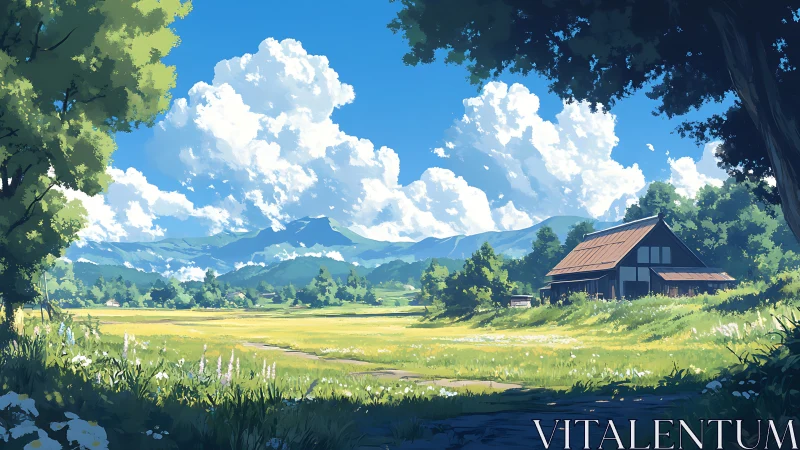 Rural field landscape with farmhouse, trees and distant hills.